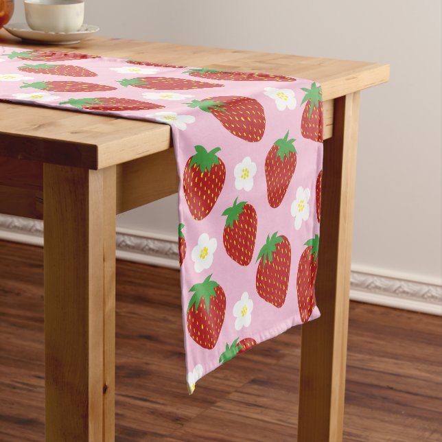 Cute Strawberry Pattern on Pink Background Medium Table Runner (In Situ)
