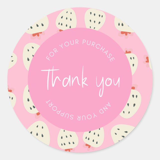 Cute Strawberry Pattern "Thank You" Packaging Classic Round Sticker (Front)