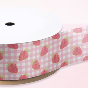 Cute Strawberry Pink Gingham Plaid Satin Ribbon