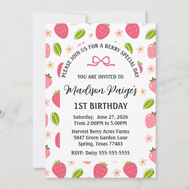 Cute Strawberry Pink Girls 1st Birthday Invitation (Front)