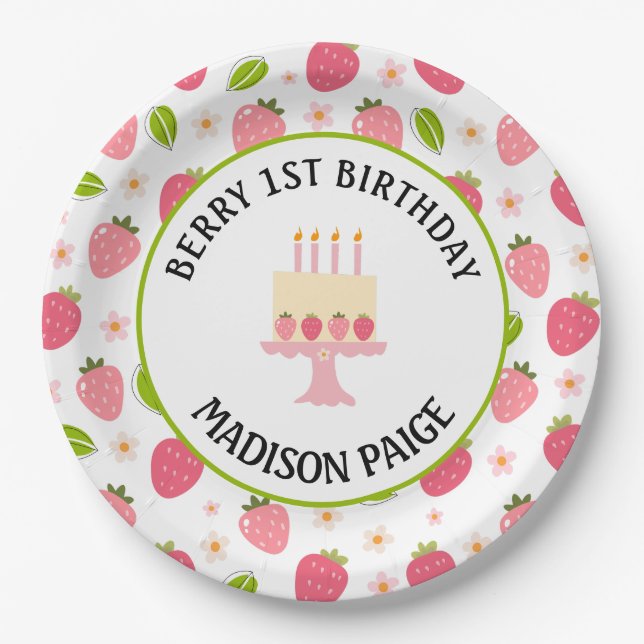 Cute Strawberry Pink Girls 1st Birthday  Paper Plate (Front)