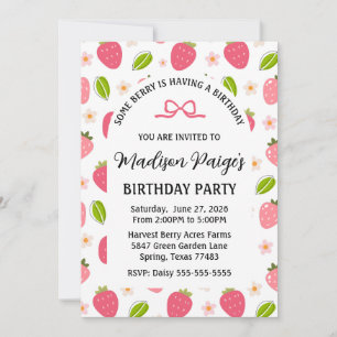 Cute Strawberry Pink Girls Birthday Invitation