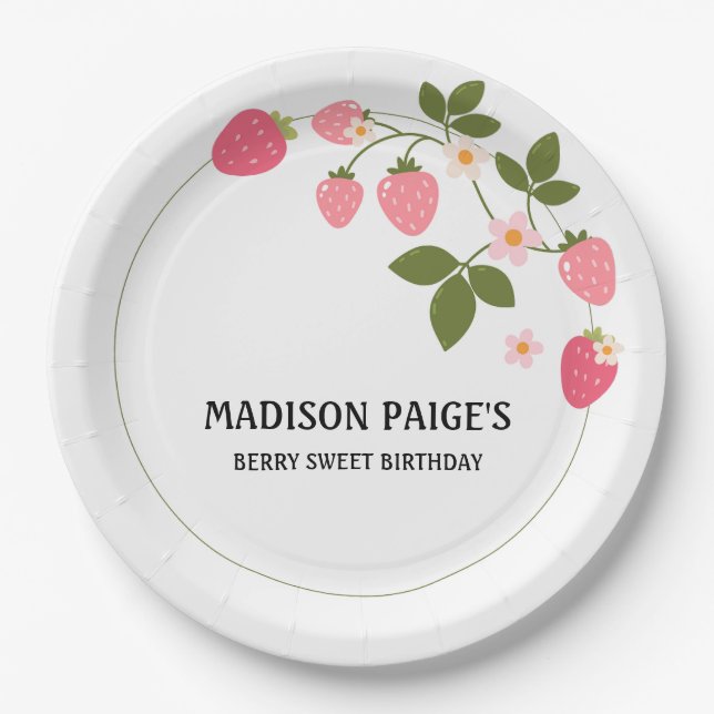 Cute Strawberry Pink Girls Birthday Paper Plate (Front)