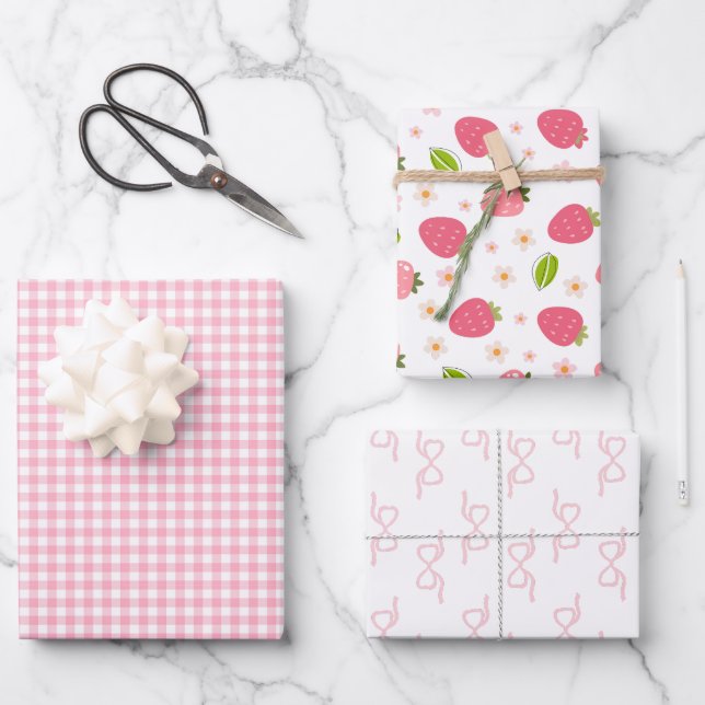 Cute Strawberry Pink Girls Birthday Wrapping Paper Sheet (Front)