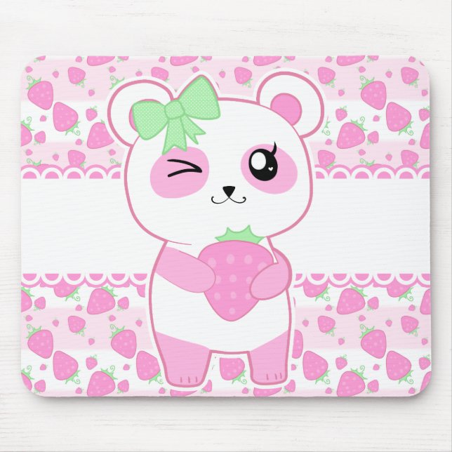 Cute Strawberry pink Kawaii Panda bear Mouse Pad (Front)
