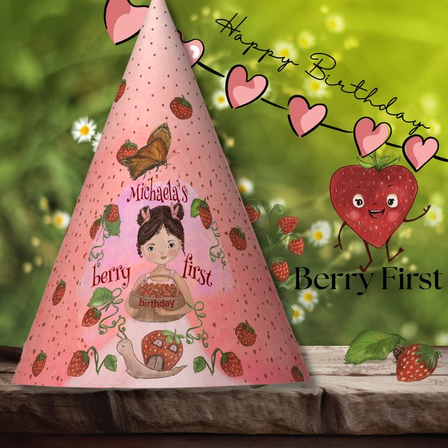 Cute Strawberry Snail & Girl First Birthday Party  Hat (Cute Strawberry Snail & Girl First Birthday Party Party Hat)