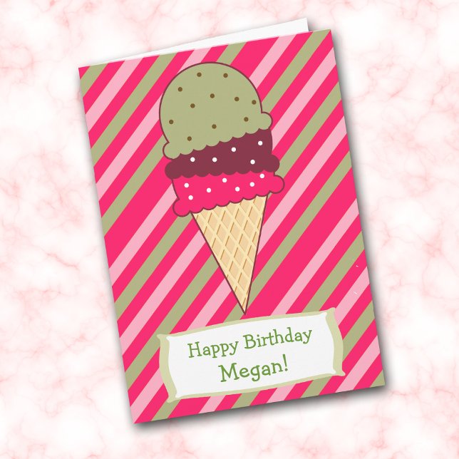 Cute Strawberry Stripes Ice Cream Cone Birthday Card (Creator Uploaded)