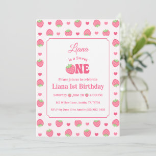 Cute Strawberry Sweet One Girl 1st Birthday Party Invitation