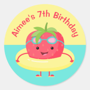 Cute Strawberry Swimmer Birthday Classic Round Sticker