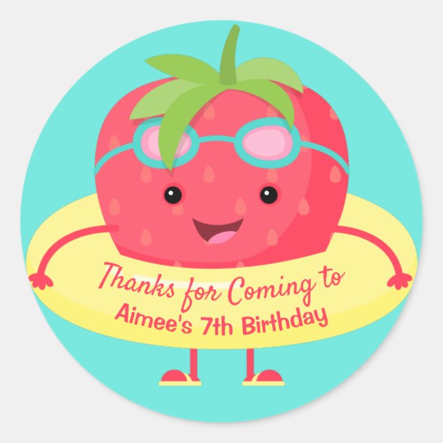 Cute Strawberry Swimmer Classic Round Sticker (Front)