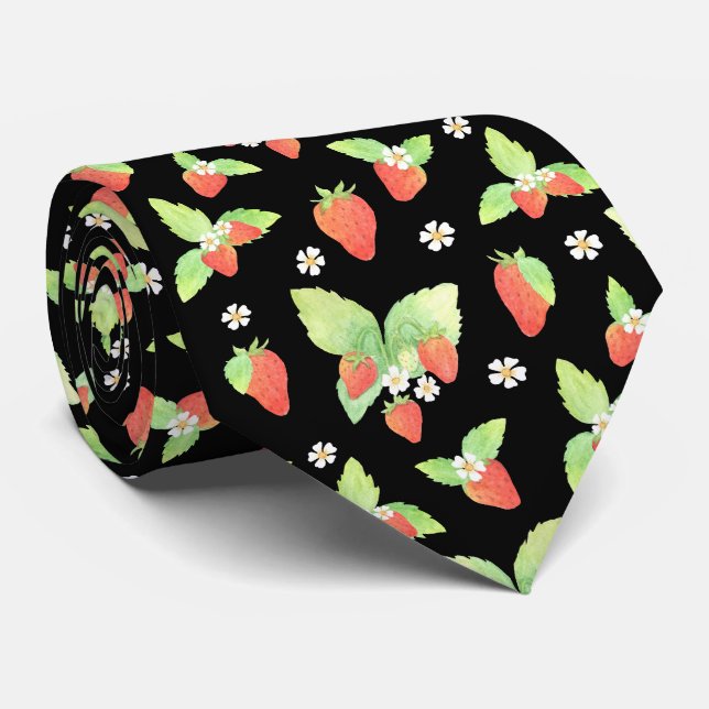 Cute Strawberry Watercolor Botanical Pattern Tie (Rolled)