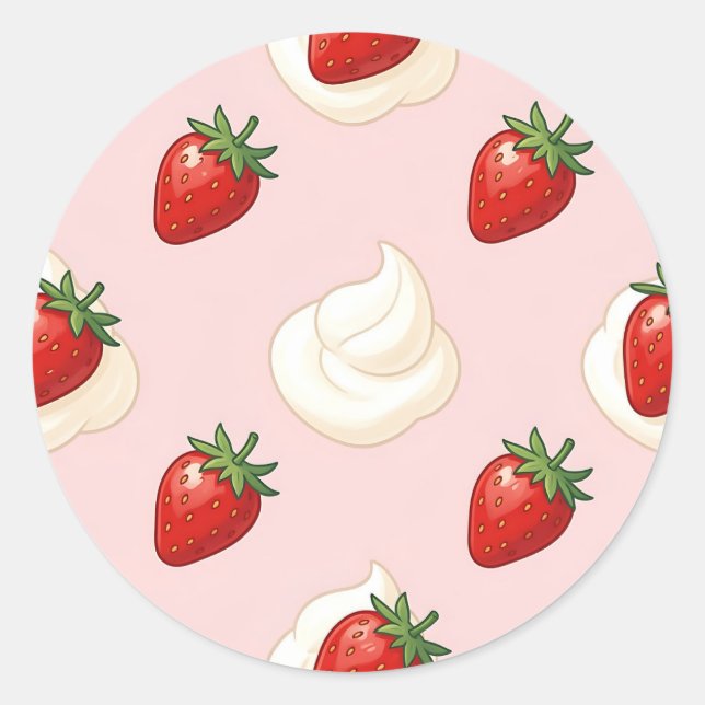 Cute Strawberry Whipped Cream Pattern Classic Round Sticker (Front)