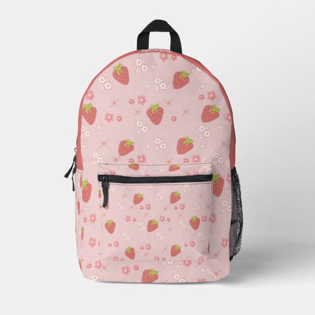 Cute Strawberry with Flowers.  Printed Backpack (Front)