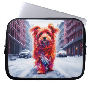 Cute stray dog lost in snowy white city road laptop sleeve