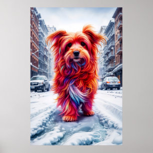 Cute stray dog lost in snowy white city road poster