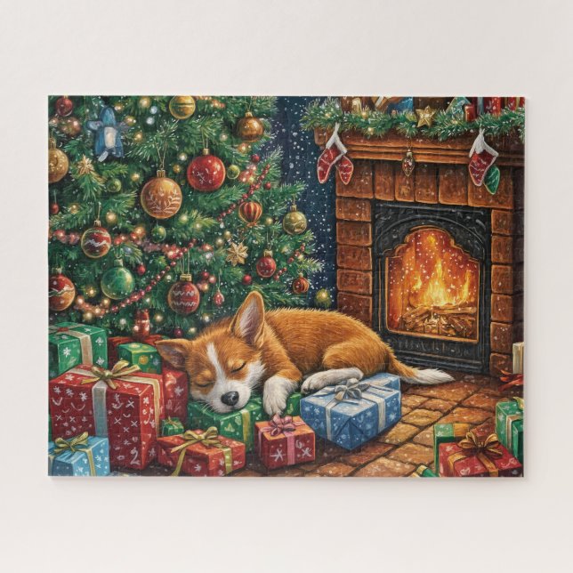 Cute stray dog sleeping under a Christmas tree Jigsaw Puzzle (Horizontal)