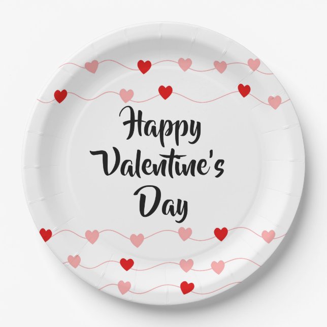 Cute String Hearts Happy Valentine's Day Red Pink Paper Plate (Front)