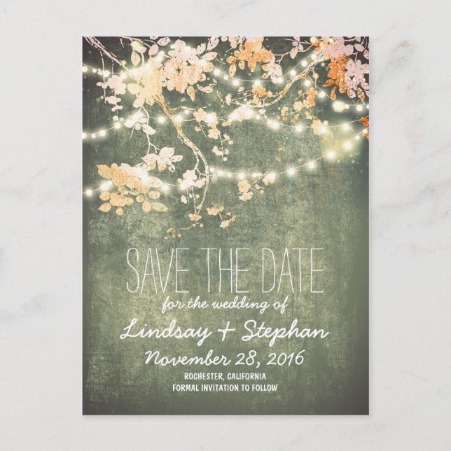cute string lights rustic save the date postcards (Front)