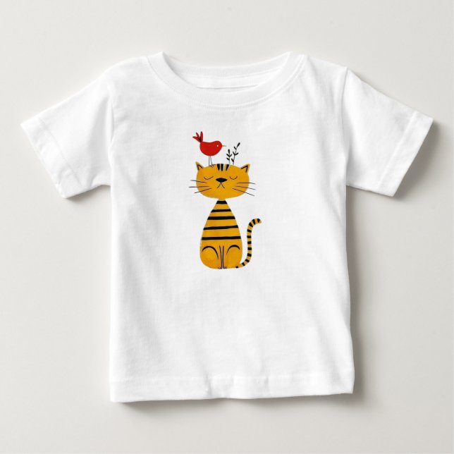 Cute Striped Cat and Red Bird Art Baby T-Shirt (Front)