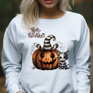 Cute Striped Halloween Ghost Kitten and Pumpkin T-Shirt