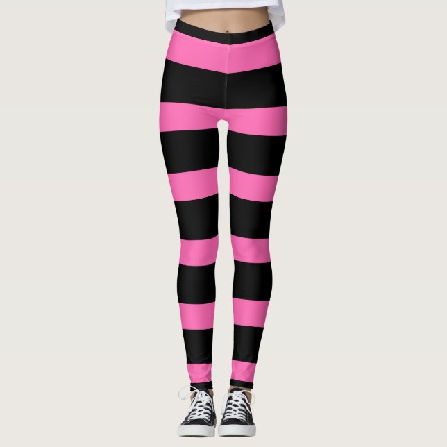 Cute Striped Pattern in Black and Bubblegum Pink Leggings (Front)