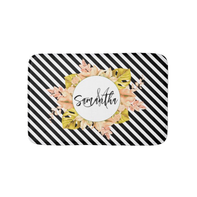 Cute Stripes and Floral Monogram Bath Mat (Front)