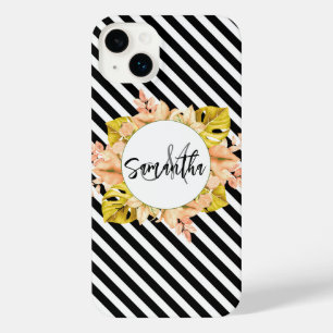 Cute Stripes and Floral Monogram iPhone 14 Plus Case