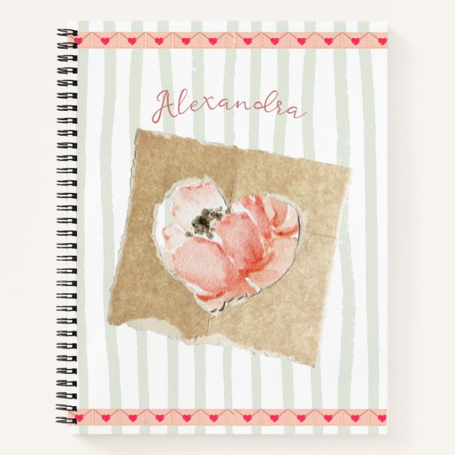 Cute stripes pastel background Floral and heart Notebook (Front)