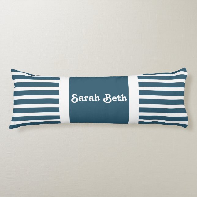 Cute Stripes, Slate Blue & White, Add your name Body Cushion (Front)