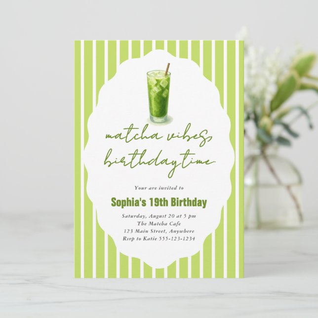 Cute Stripes Wavy Matcha 19th Birthday Party Invitation (Standing Front)
