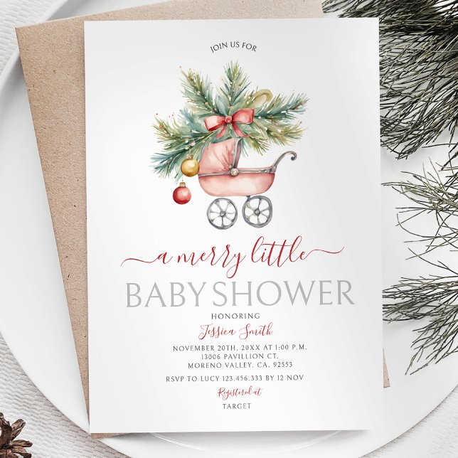 Cute Stroller Christmas A Merry Little Baby Shower Invitation (Creator Uploaded)