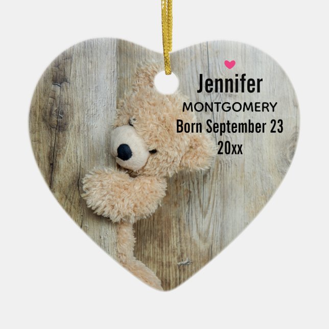 Cute Stuffed Bear Rustic Baby's Birth Date Ceramic Ornament (Front)