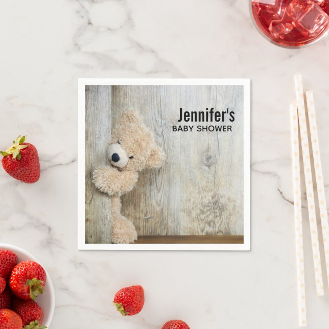Cute Stuffed Bear Rustic Wooden Back Baby Shower Napkin (Insitu)