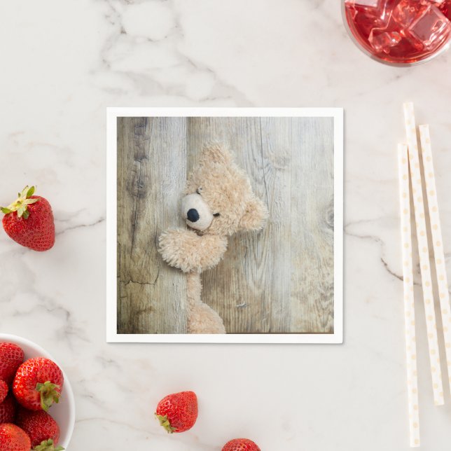 Cute Stuffed Bear Rustic Wooden Backdrop Napkin (Insitu)