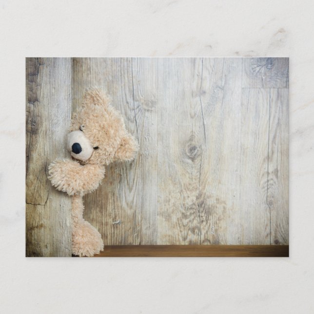 Cute Stuffed Bear Rustic Wooden Backdrop Postcard (Front)