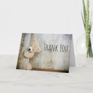 Cute Stuffed Bear Rustic Wooden Backdrop Thank You Card