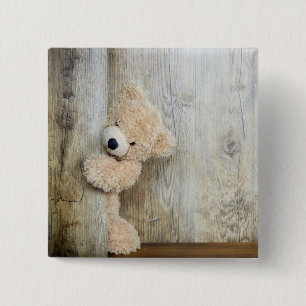 Cute Stuffed Bear Rustic Wooden Wall 15 Cm Square Badge