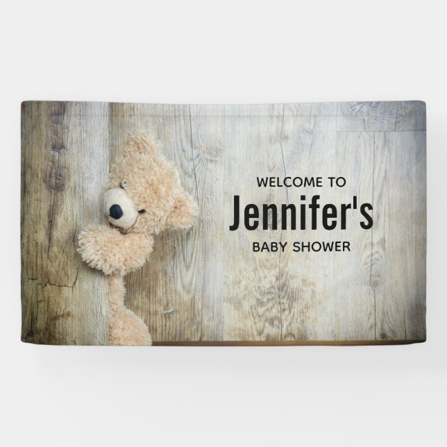 Cute Stuffed Bear Rustic Wooden Wall Baby Shower Banner (Horizontal)