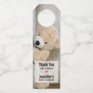 Cute Stuffed Bear Rustic Wooden Wall Baby Shower Bottle Tag