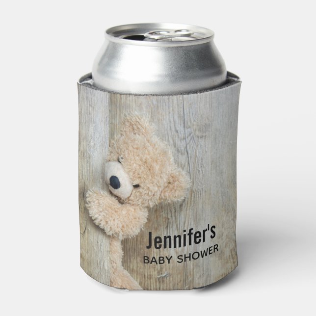 Cute Stuffed Bear Rustic Wooden Wall Baby Shower Can Cooler (Can Front)