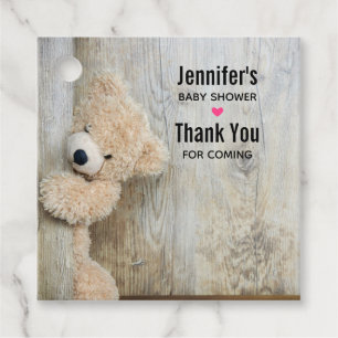 Cute Stuffed Bear Rustic Wooden Wall Baby Shower Favour Tags