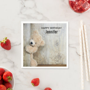 Cute Stuffed Bear Rustic Wooden Wall Birthday Napkin