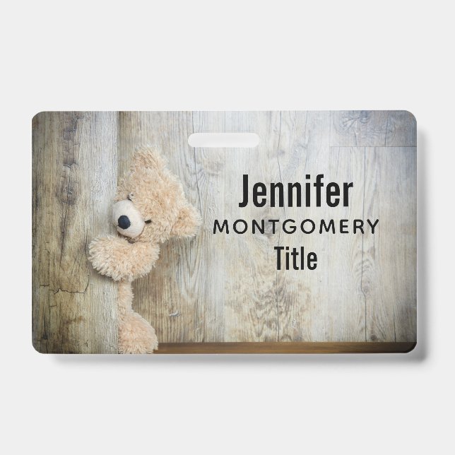 Cute Stuffed Bear Rustic Wooden Wall ID Badge (Front)