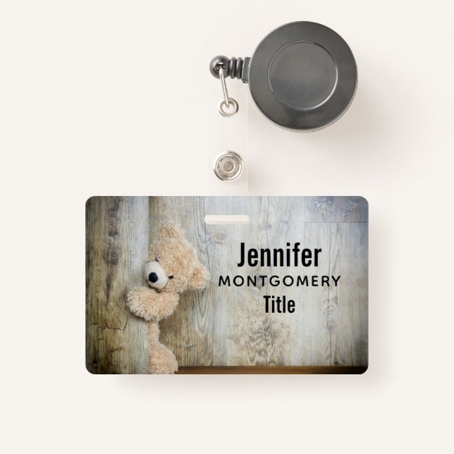 Cute Stuffed Bear Rustic Wooden Wall ID Badge (Front with Retractable)