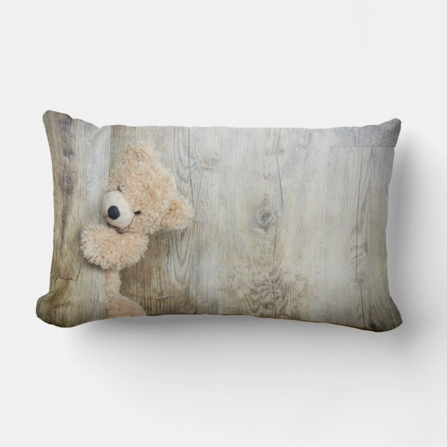 Cute Stuffed Bear Rustic Wooden Wall Lumbar Pillow (Front)
