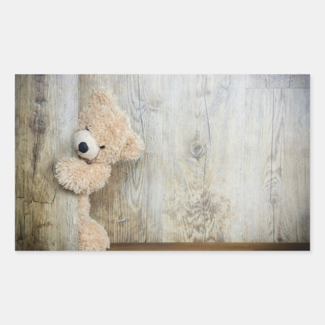  Cute Stuffed Bear Rustic Wooden Wall Rectangular Sticker (Front)