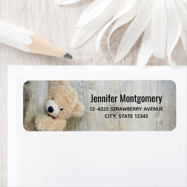  Cute Stuffed Bear Rustic Wooden Wall Return Address Label (Insitu)
