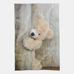 Cute Stuffed Bear Rustic Wooden Wall Tea Towel