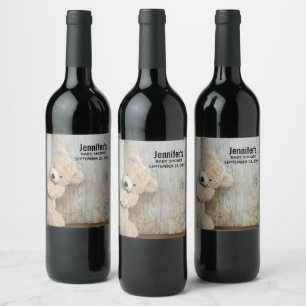 Cute Stuffed Bear Rustic Wooden Wall Wine Label