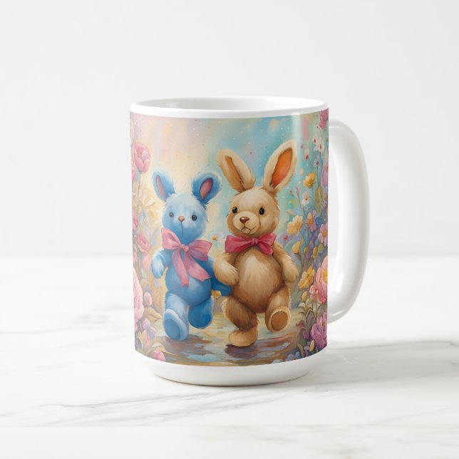 Cute Stuffed Bunnies strolling In a Pastel Garden Coffee Mug (Front Right)